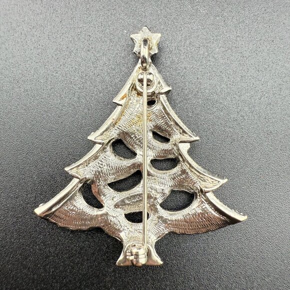 Vintage Rhinestone Christmas Tree Pin Brooch Silver-Tone Metal Red & Clear Stone - Picture 4 of 5